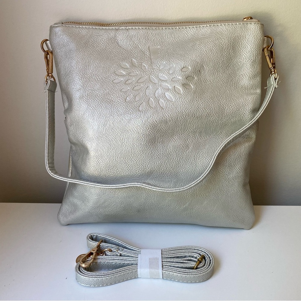 Mulberry Leather Gray Metalic Silver Foldable Clutch Bag with Shoulder 2 Straps - Picture 2 of 13